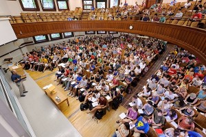 Undergraduates kick off a new academic year on the first day of class in a Nutritional Sciences 132: Nutrition Today course taught by senior lecturer Peter Anderson in Agricultural Hall at the University of Wisconsin-Madison on Sept. 2, 2011. (Photo by Bryce Richter / UW-Madison)